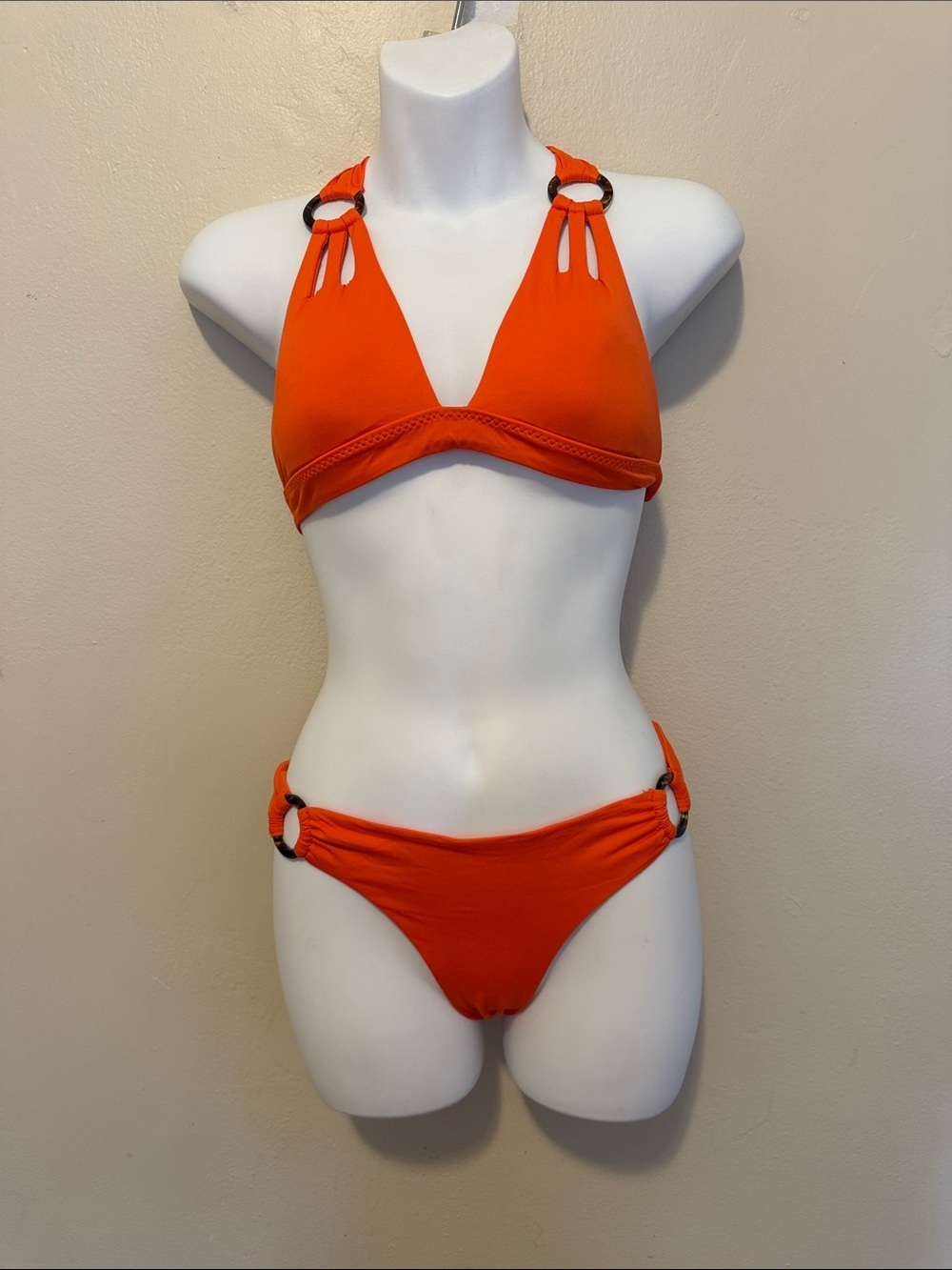 BECCA Bright Orange Halter Bikini with Ring Accents